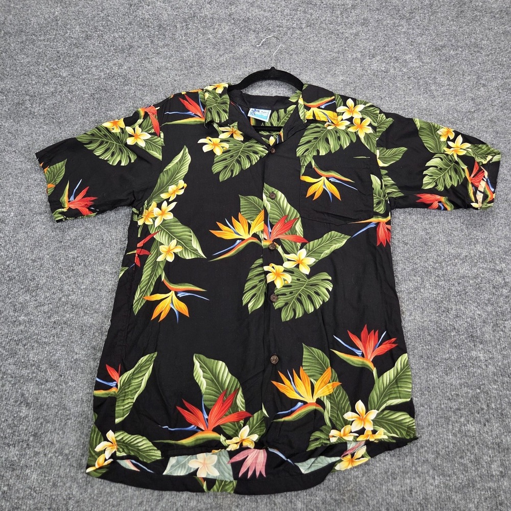 RJC Shirt Mens Small? Black Hawaiian Floral Aloha Button Up Tropical Cotton USA
